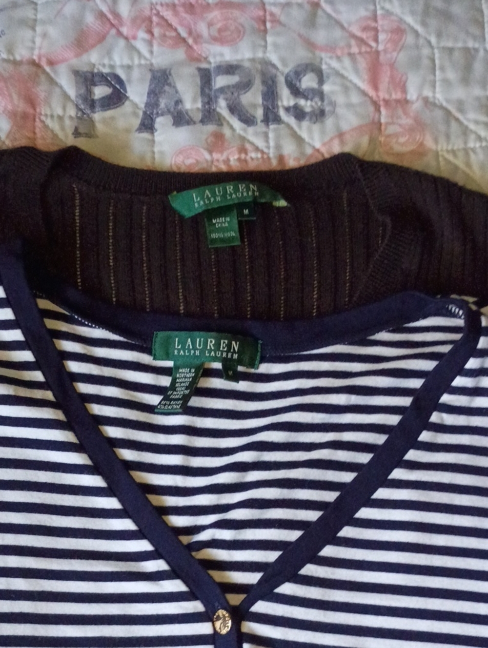 2 Lauren Ralph Lauren Navy & White Striped V-Neck Top & Brown Ribbed V-neck Top